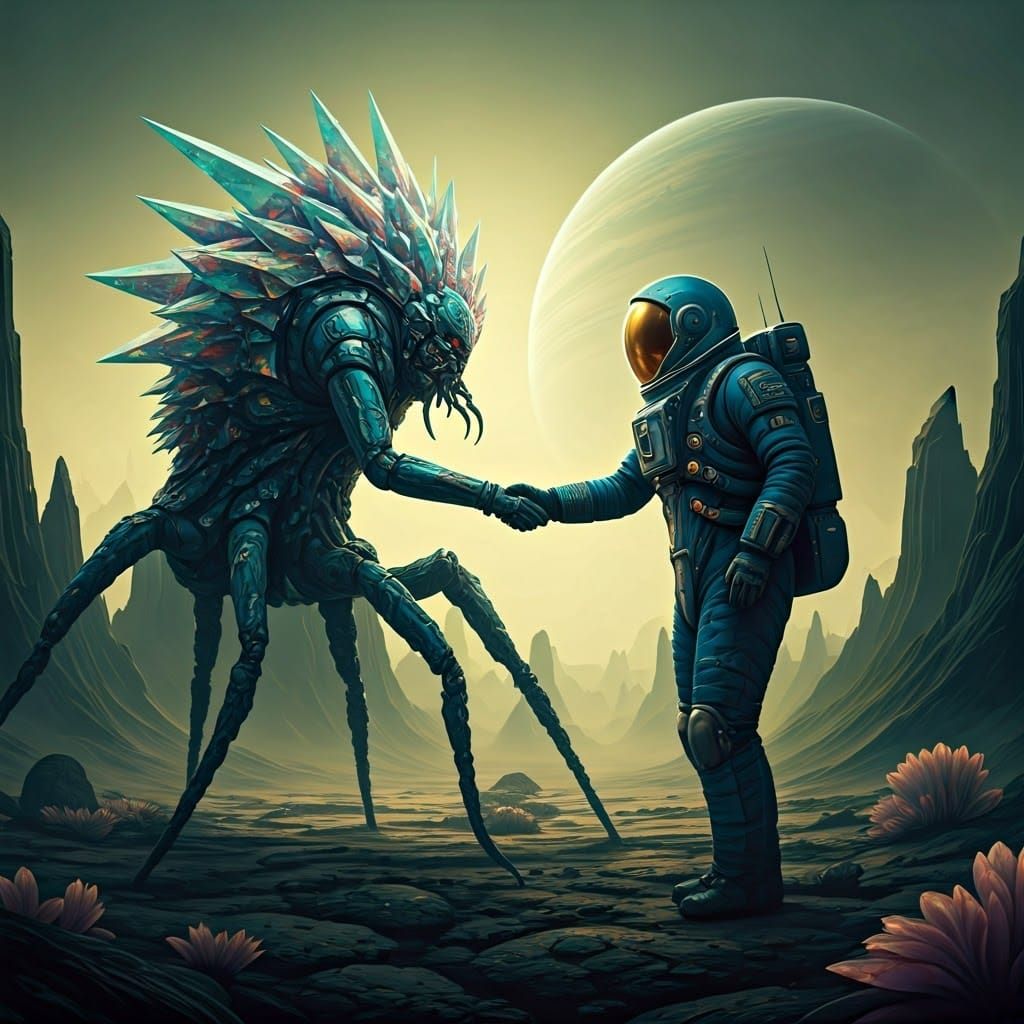 Cosmic Encounter: Alien Handshake in Desolate Space Landscap...