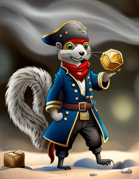 Squirrel Pirate Foraging on Beach, Ghibli-Style