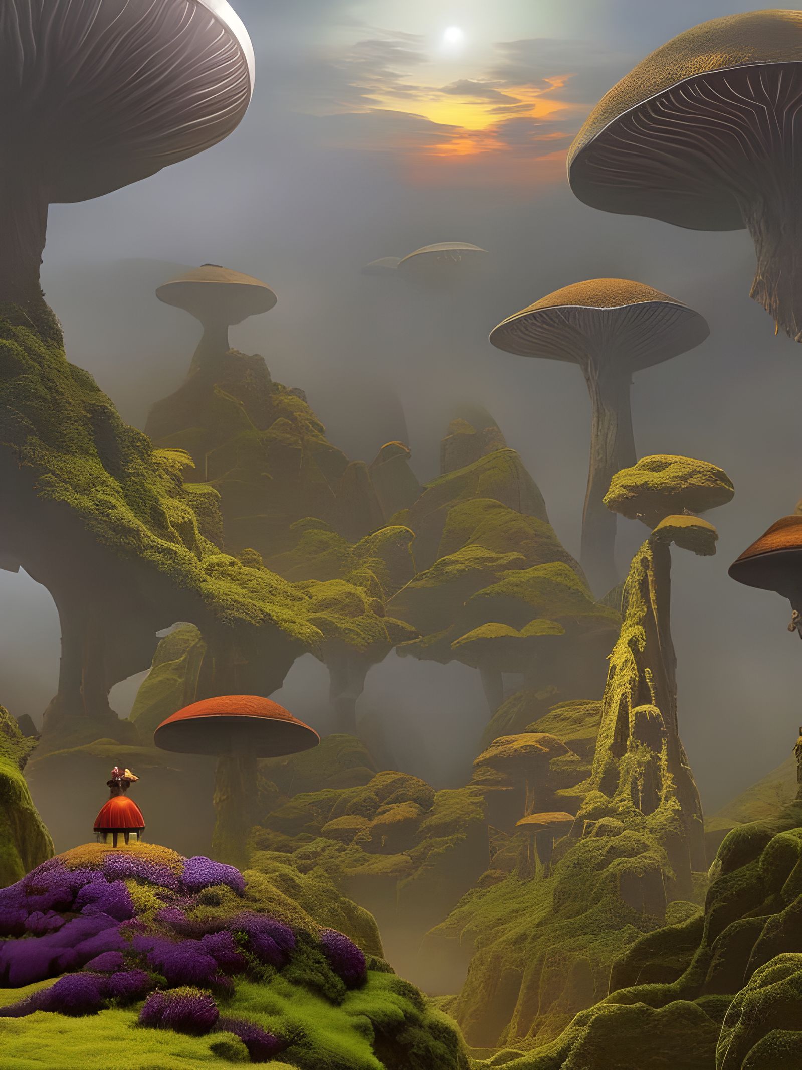 Alien Fungal Spires in Dark Fantasy Landscape