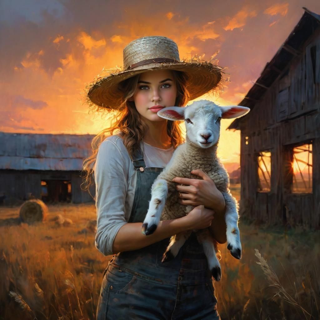 Rustic Farm Girl Portrait with Lamb in Sunset