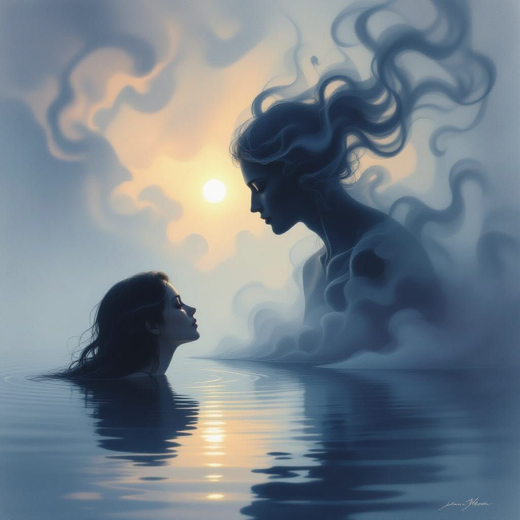 Surreal Smoke Figure Reflects Calm Silhouette in Ethereal Gl...