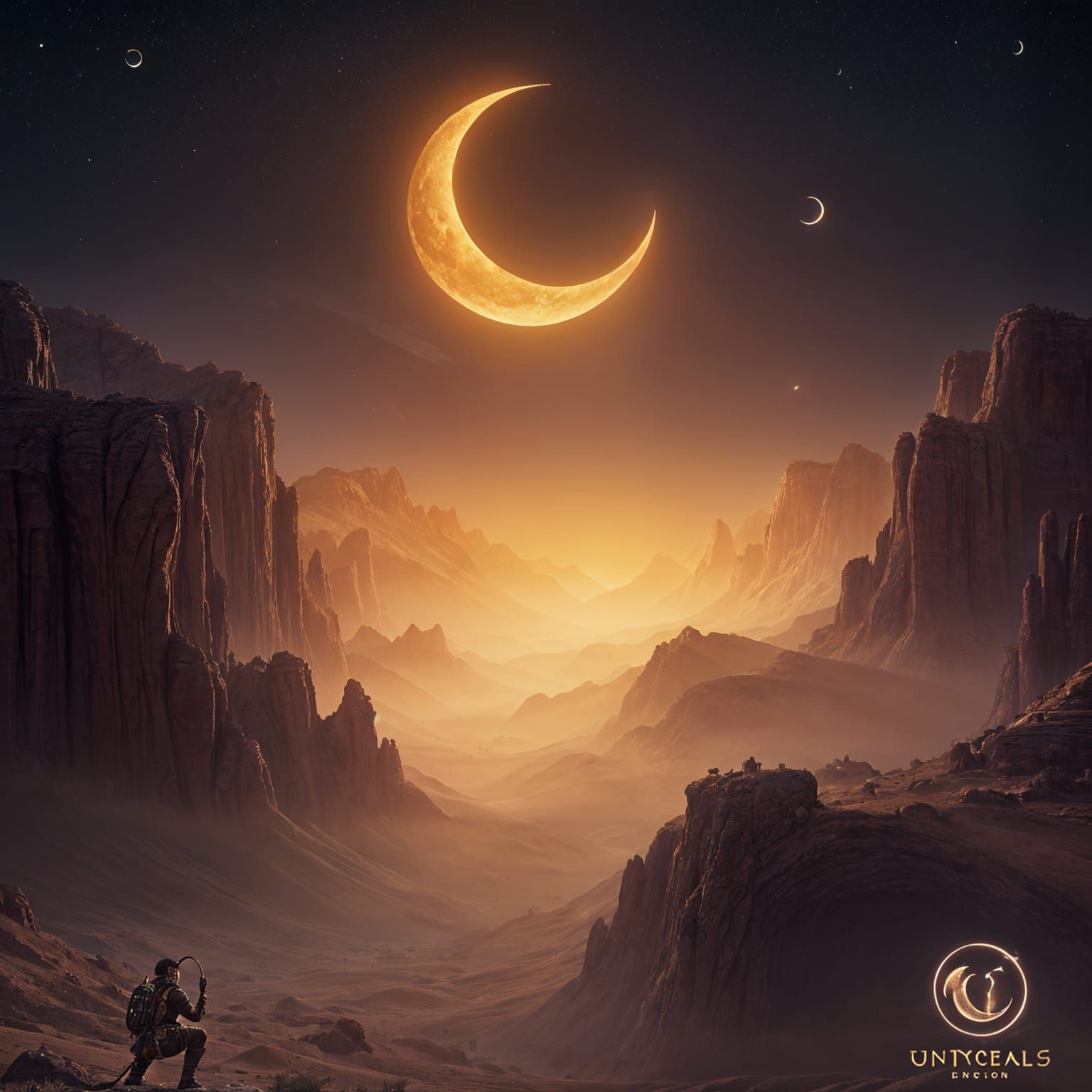 Surreal Desert Dreamscape with Golden Crescent Moon