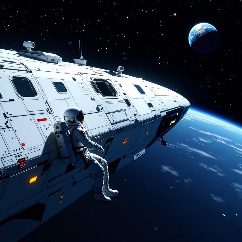 Astronaut Drifting in Space near Derelict Spaceship
