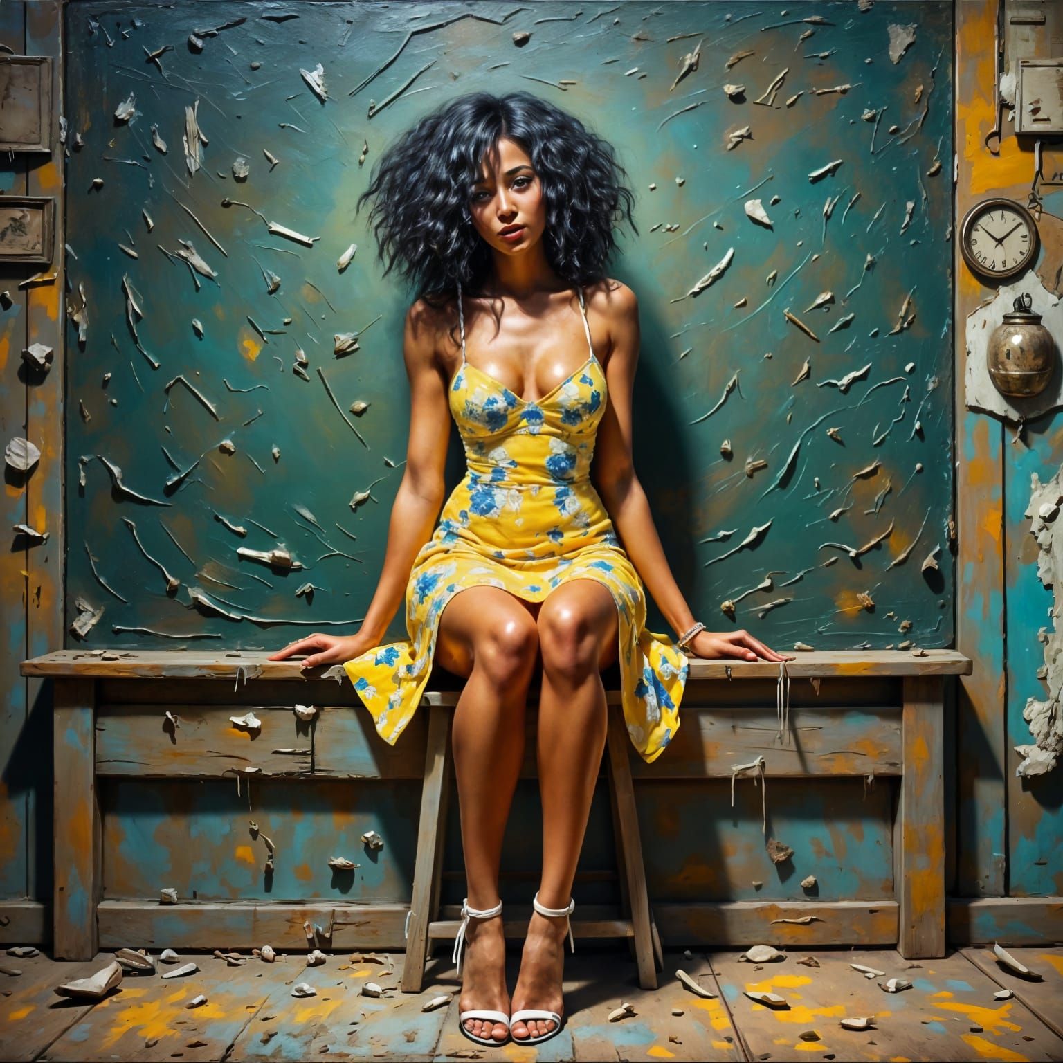 Grungy Oil Portrait of a Dark-Haired Woman in a Yellow Sundr...