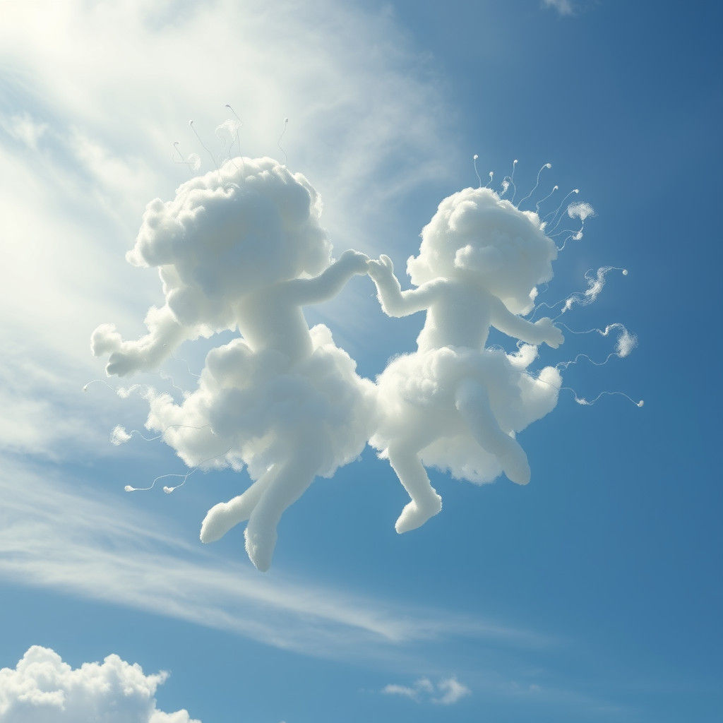 Cloud Humanoids Dance in Blue Sky, Dreamy Art
