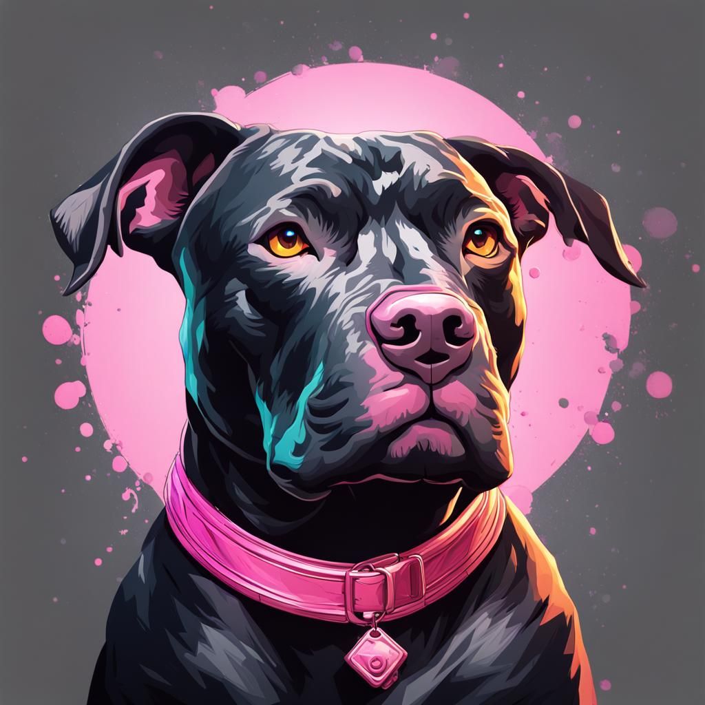 Detailed Portrait of Black Pit Bull in Hyperrealism