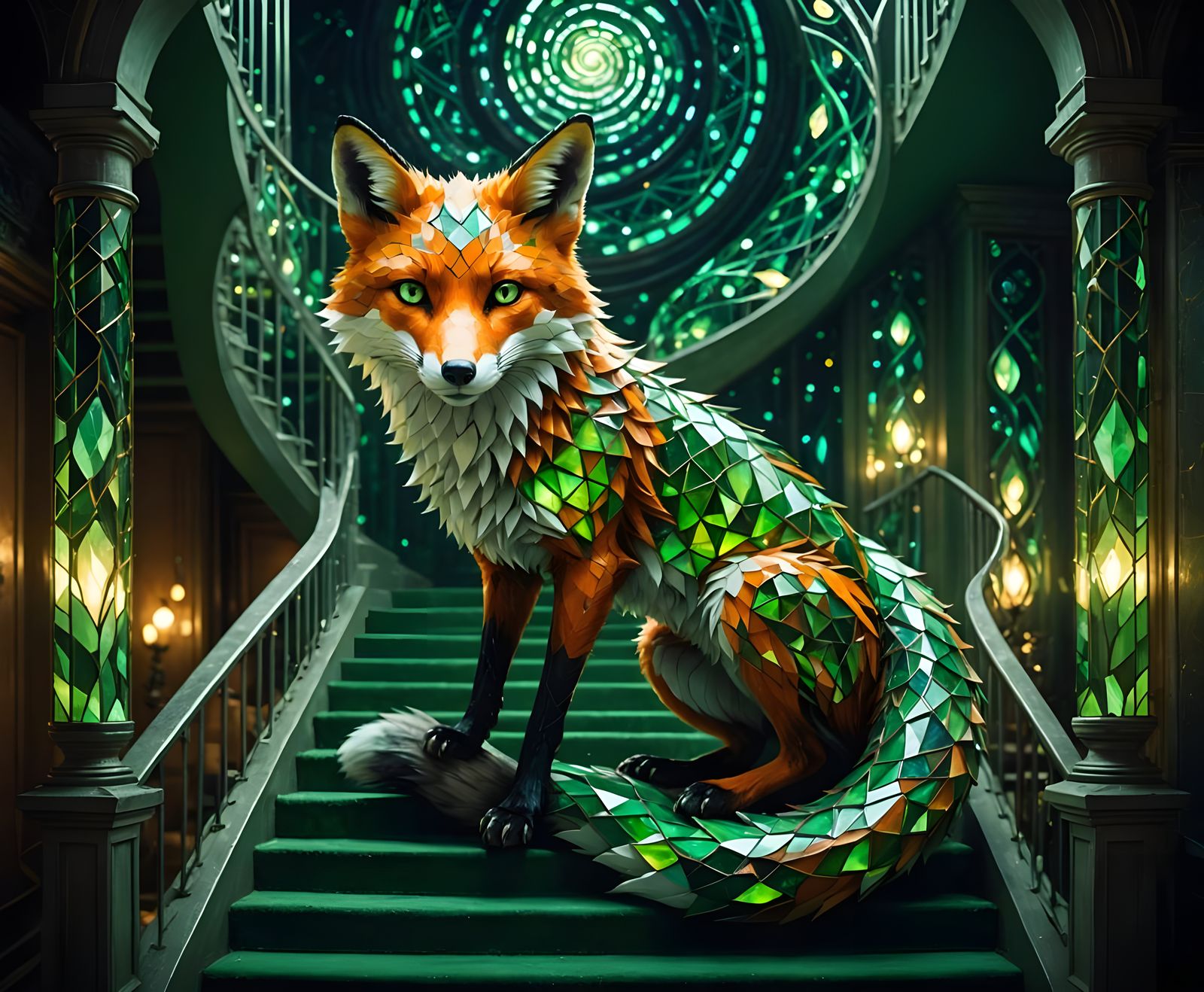 Mystical Fox Ascends Glass Staircase in Neon Dreamscape