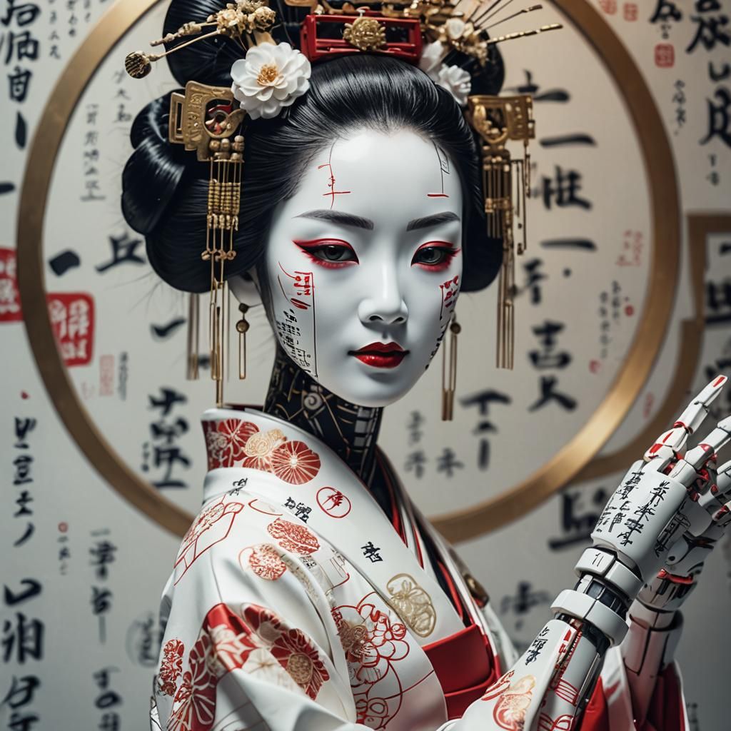 Robotic Geisha in Calligraphy Room: Cinematic Film Still