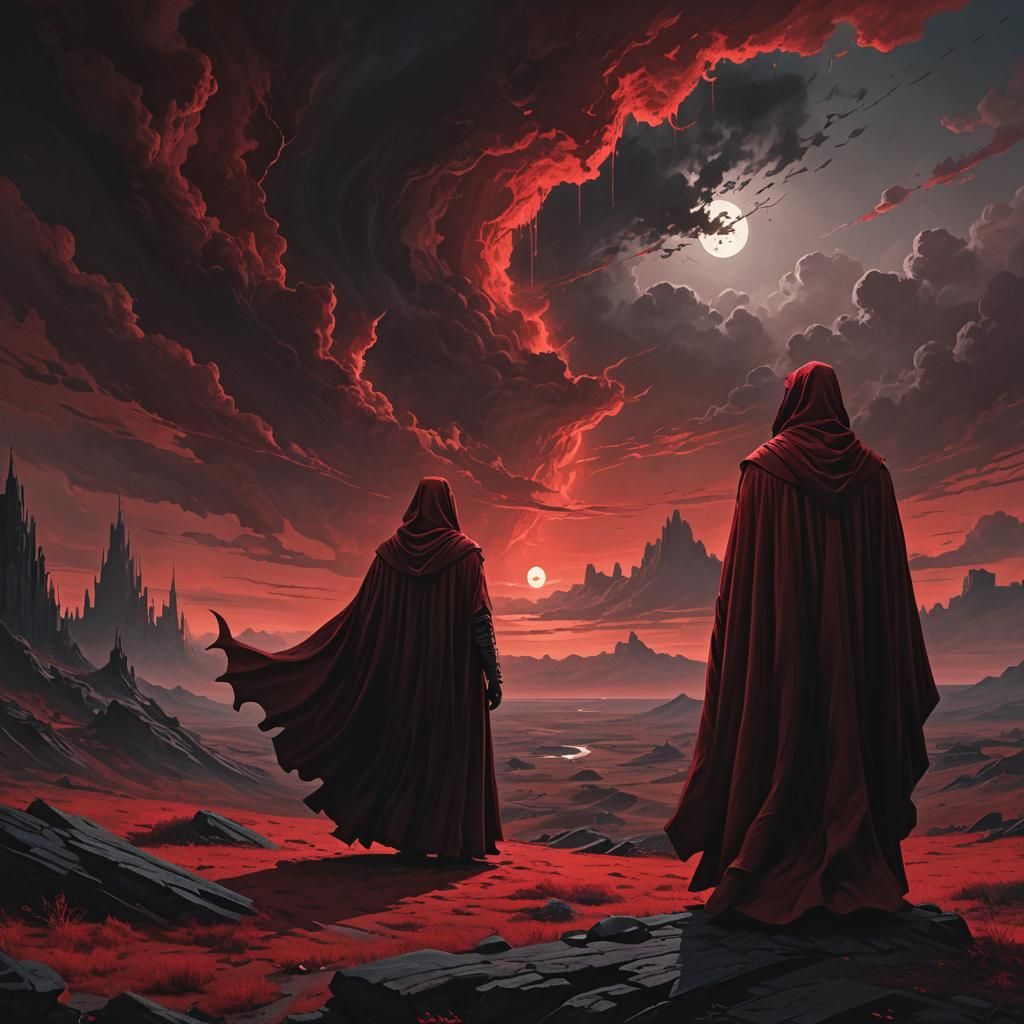 Ominous Figure Surveys Crimson Landscape in Dark Fantasy