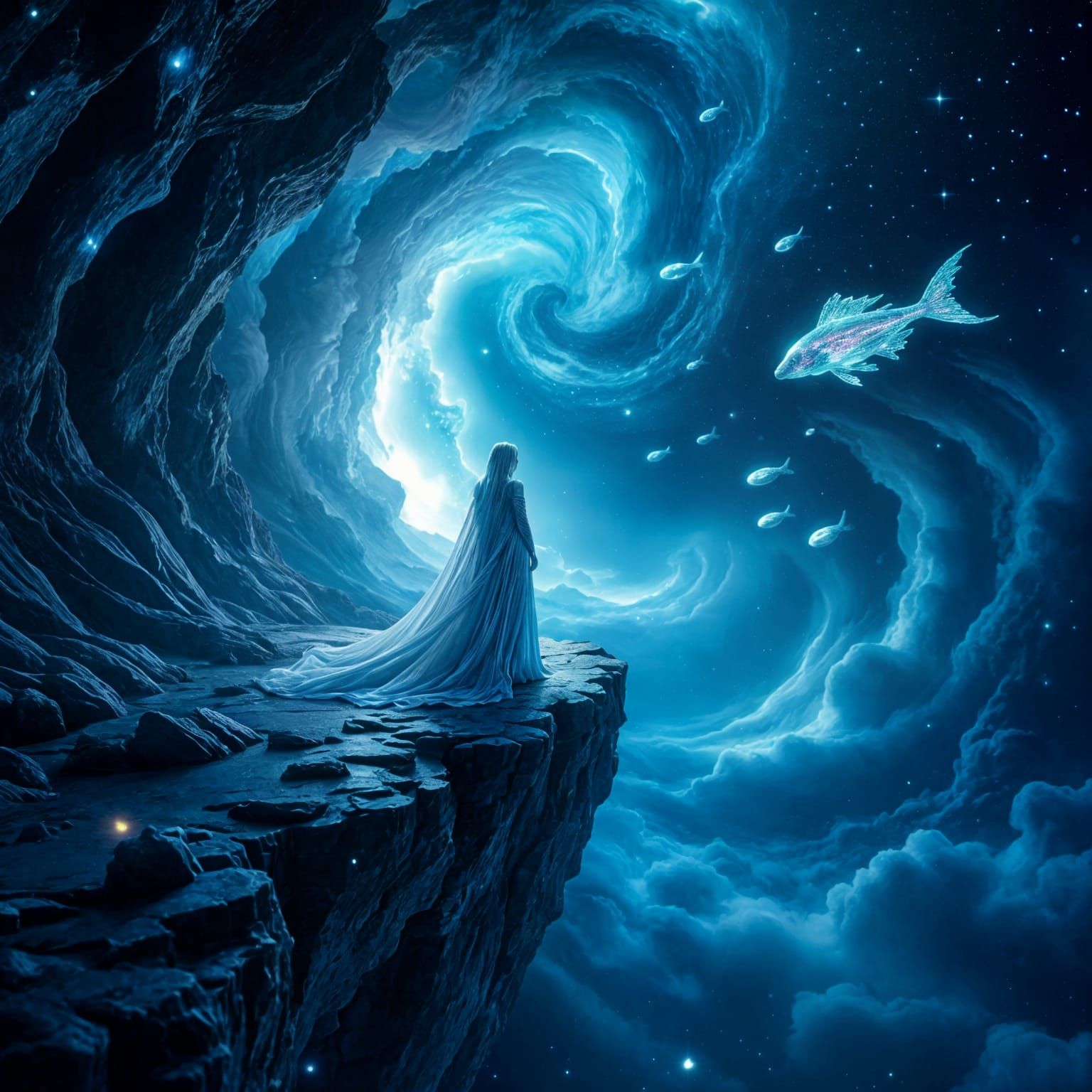 Ethereal Figure Dissolving into Cosmic Abyss