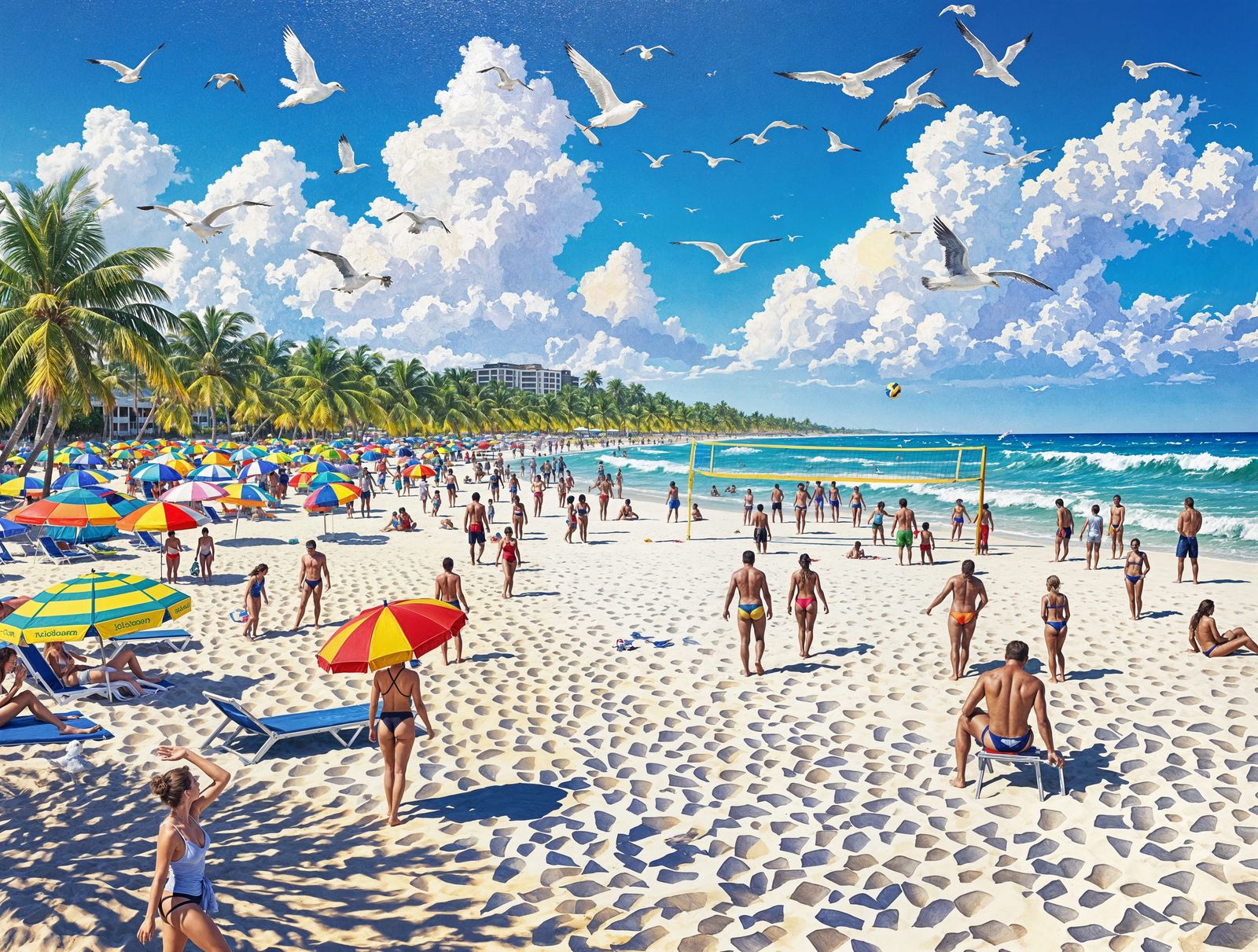 Vibrant Beach Scene with Players and Colorful Umbrellas