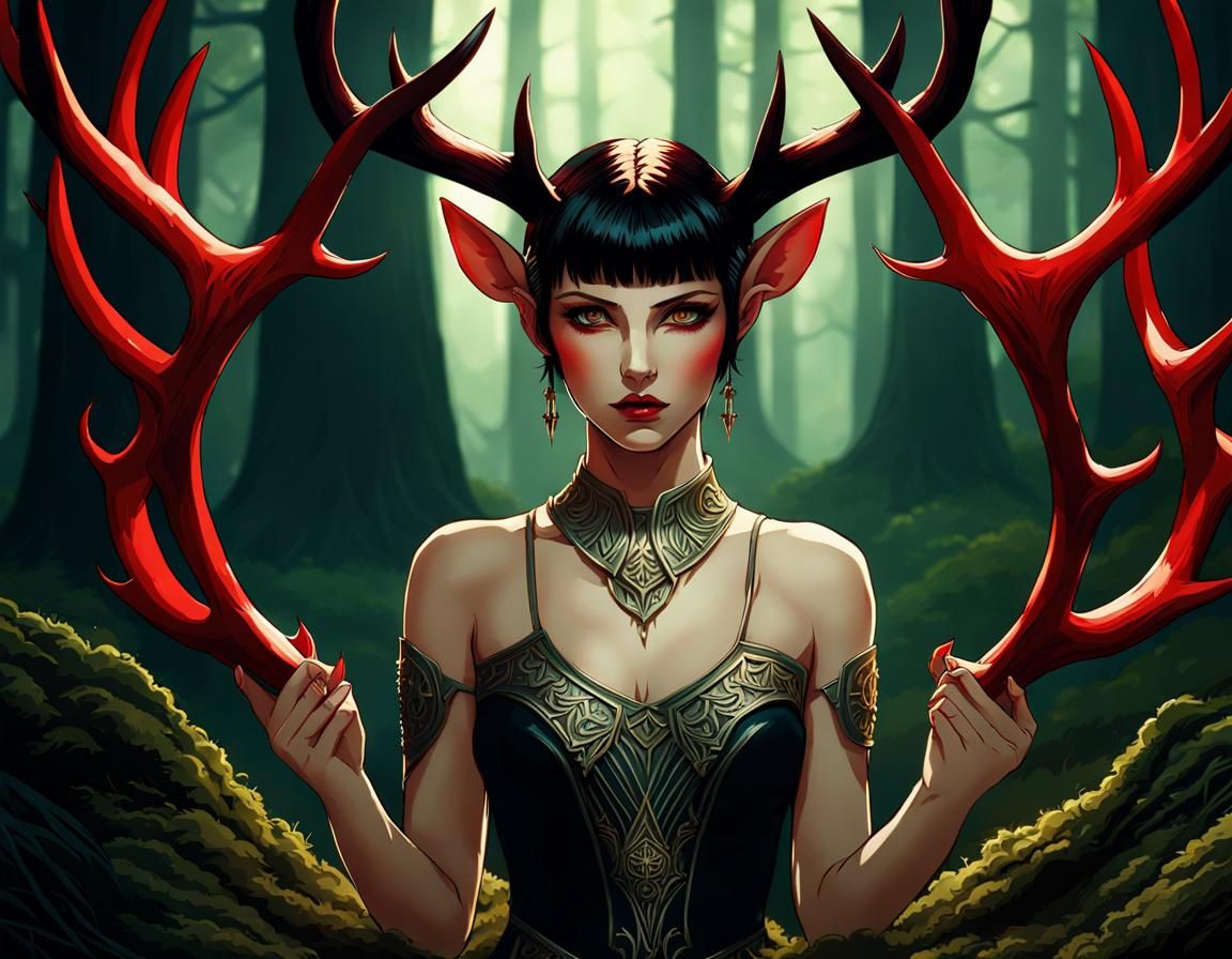 Demonic Woman Worships Forest God: Hyperdetailed Digital Art