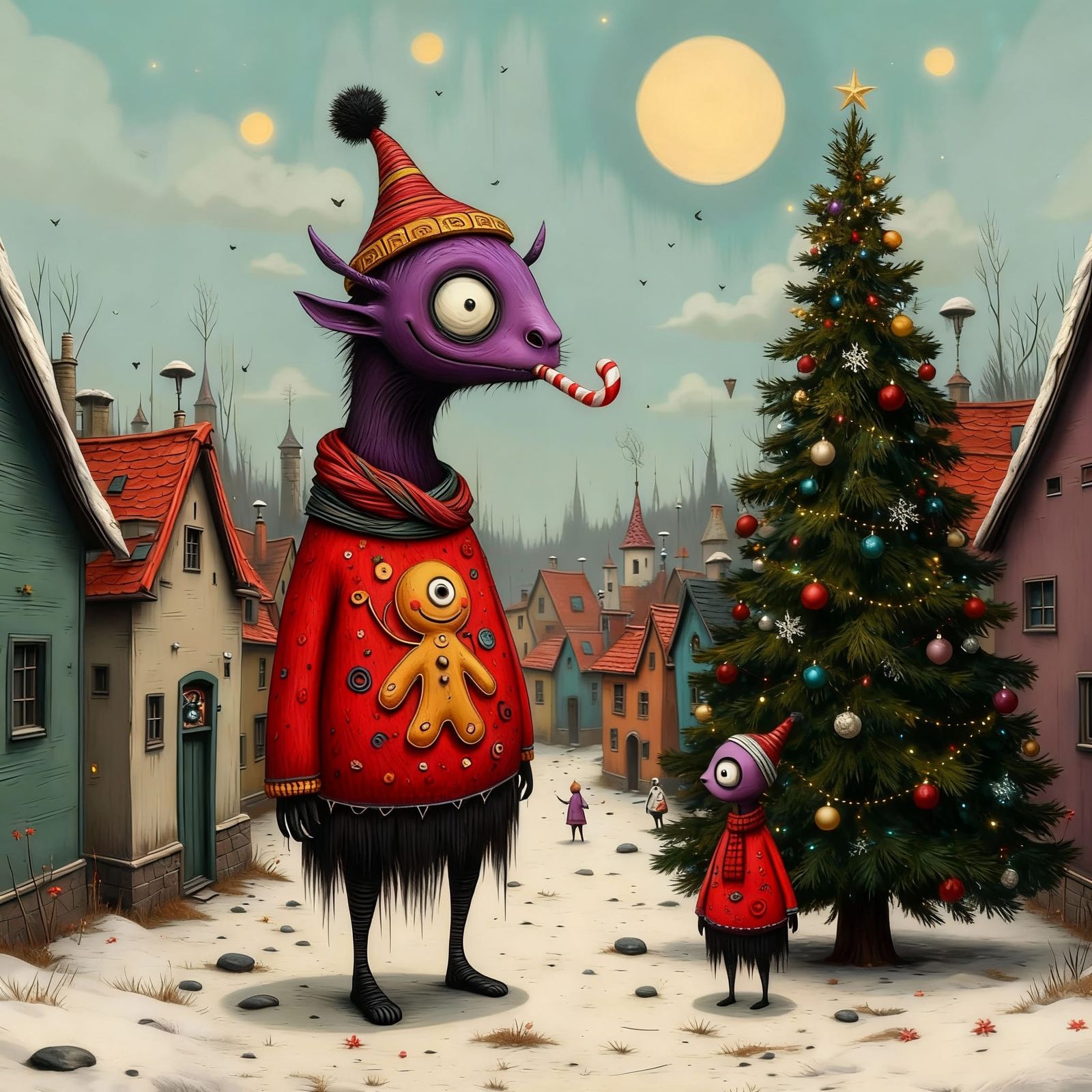 One-Eyed Monster Helps Decorate Wonky Village for Xmas