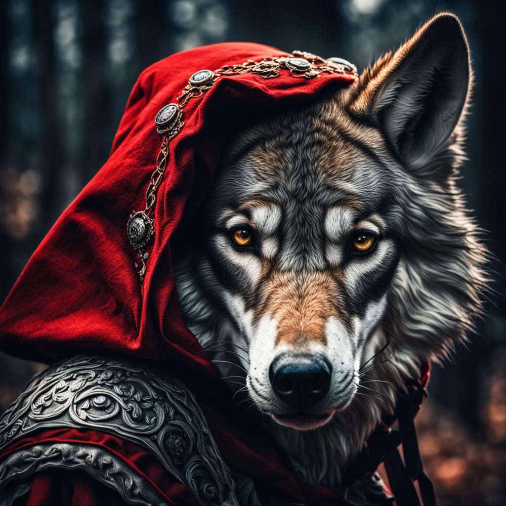 Hyperrealistic Little Red Riding Hood with Wolf Head
