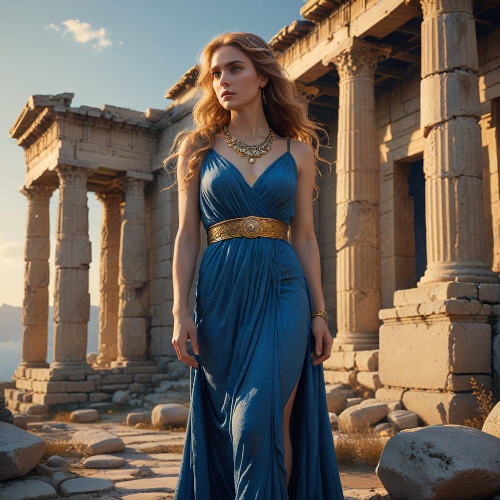 A Regal Woman Stands Amidst Ancient Ruins in a Timeless Mast...