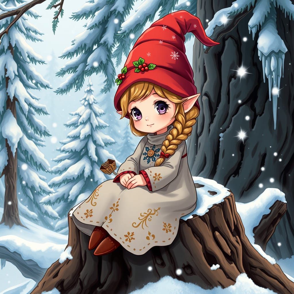 Whimsical Christmas Gnome in Winter Wonderland Setting