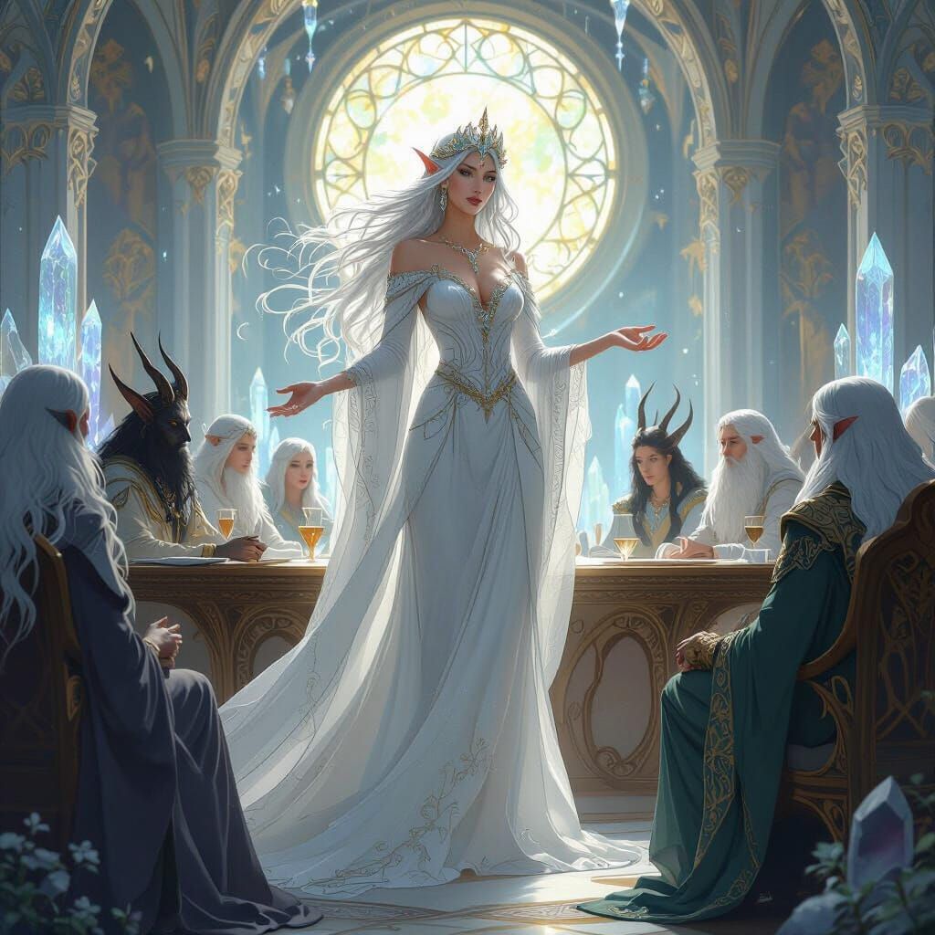 Elven Queen in Floating Castle: Art Nouveau Digital Painting