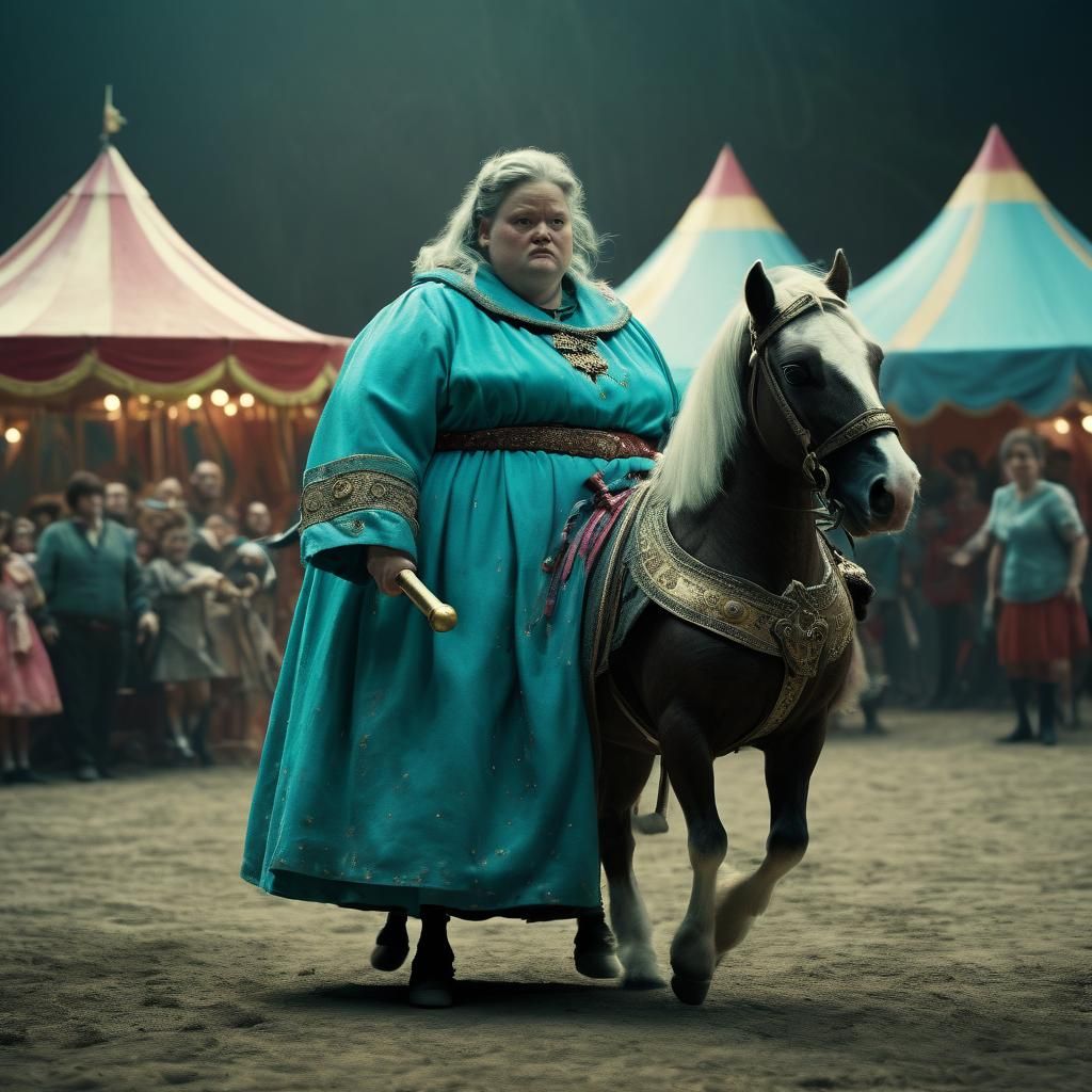 Overweight Lady Jousting on Midget Horse: Cinematic Still