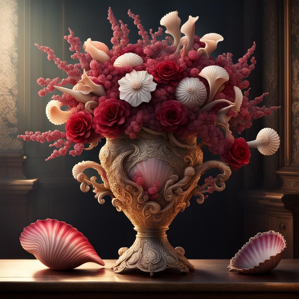 Ruby Vase with Seashell Flowers