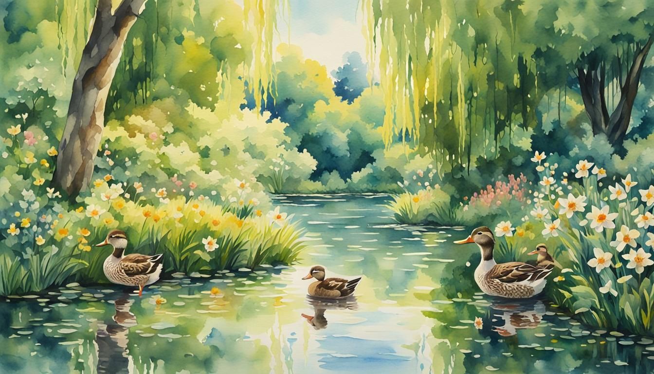 Ducks and Ducklings in Sunny Ghibli Watercolor