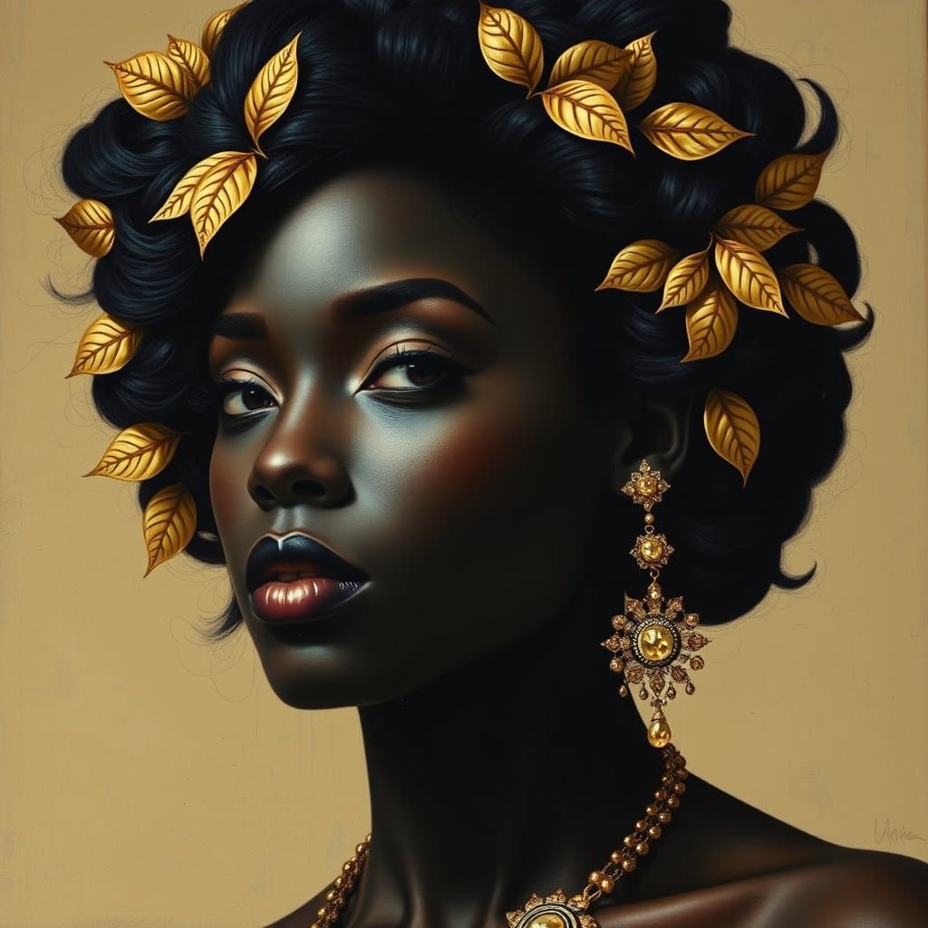 Elegant Black Woman in Opulent Golden Adornments
