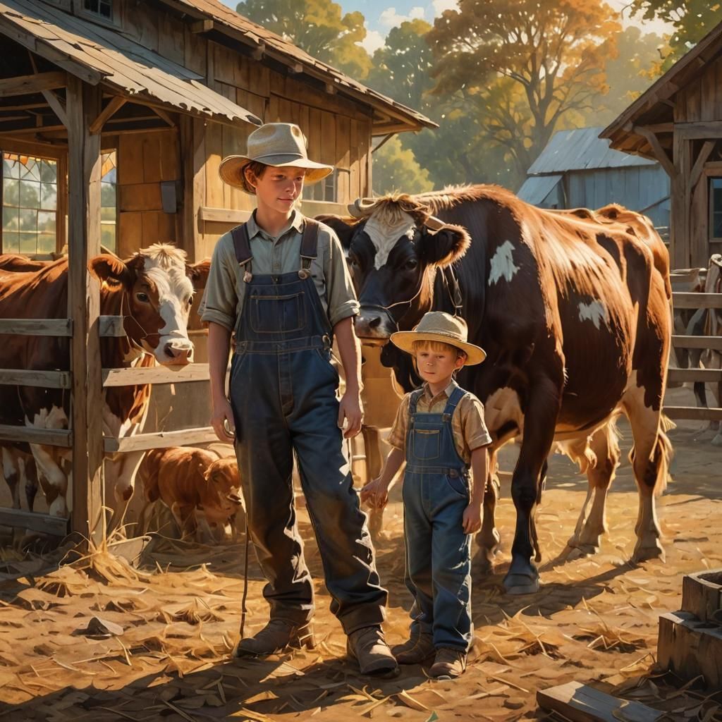 Boy and Heifer at 4-H Competition in Matte Painting Style