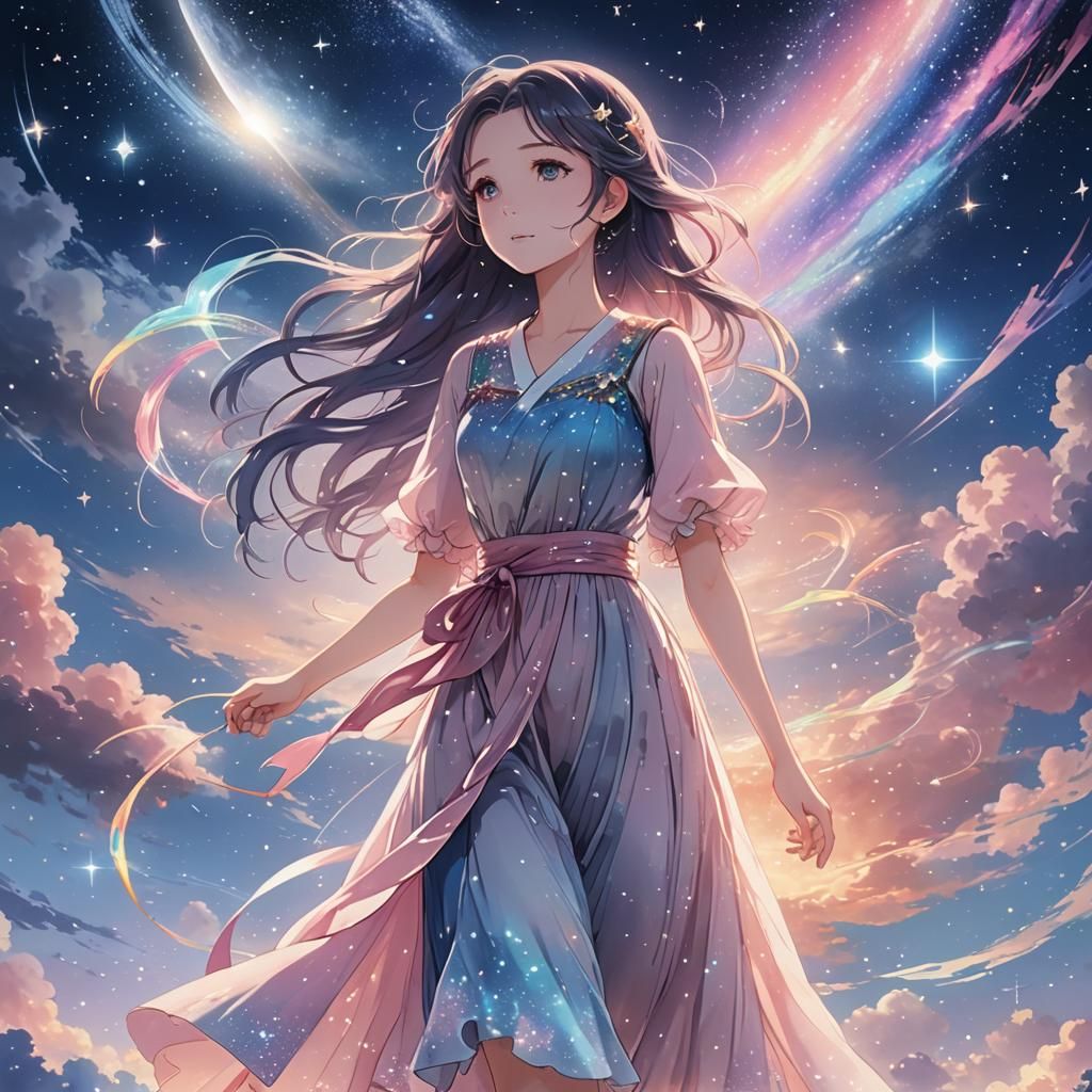 Anime Woman Walks on Moonlight Galaxy