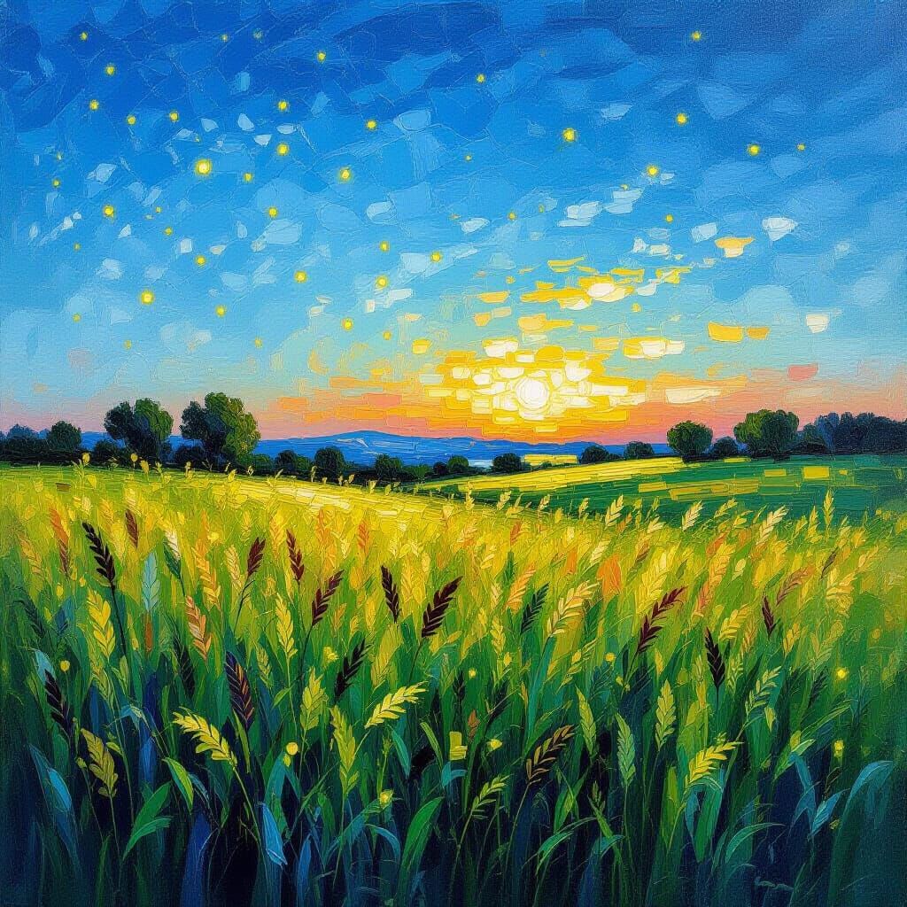 Fireflies in Tall Grass, Neo-Impressionist Oil Painting
