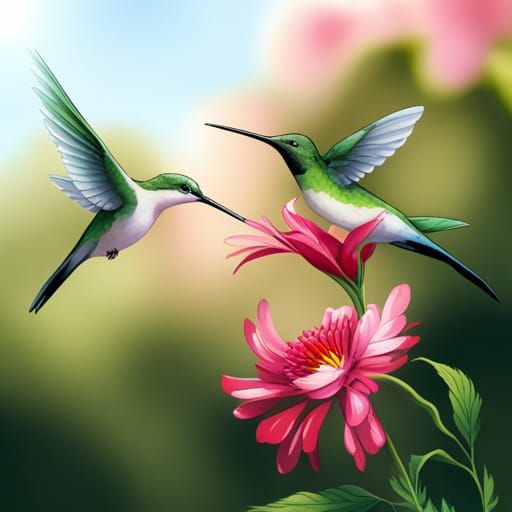 Hummingbirds and Flowers in Anime Style