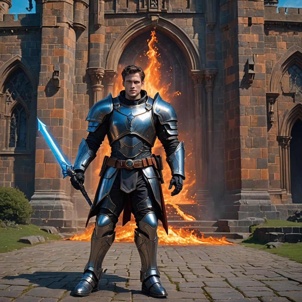 Epic Fantasy Warrior in Fiery Armor Stands Before Castle