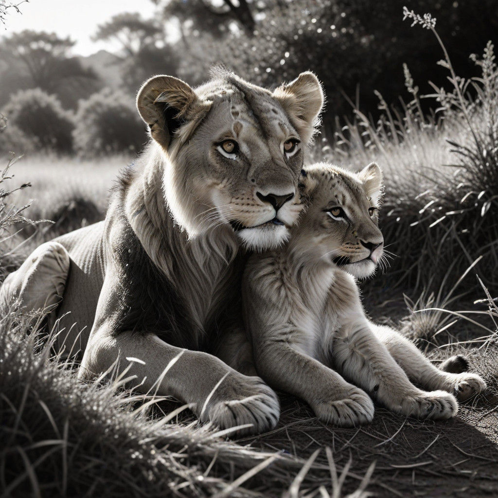 Serenely Happy Lion Mother and Cub in Whimsical Line Drawing