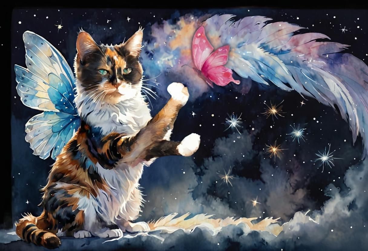 Calico Cat with Angel Wings in Watercolor Art