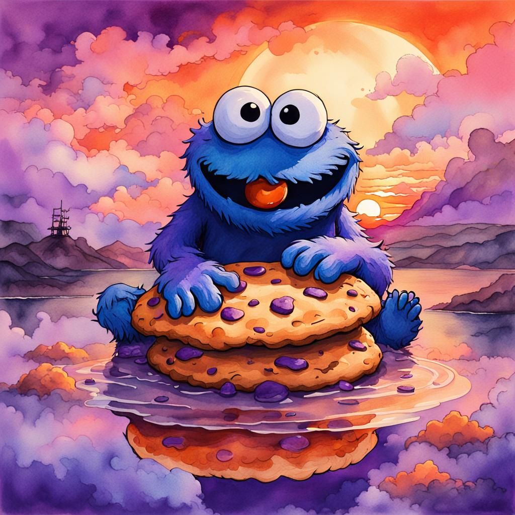 Gigantic Cookie Monster in Dreamlike Fantasy Landscape