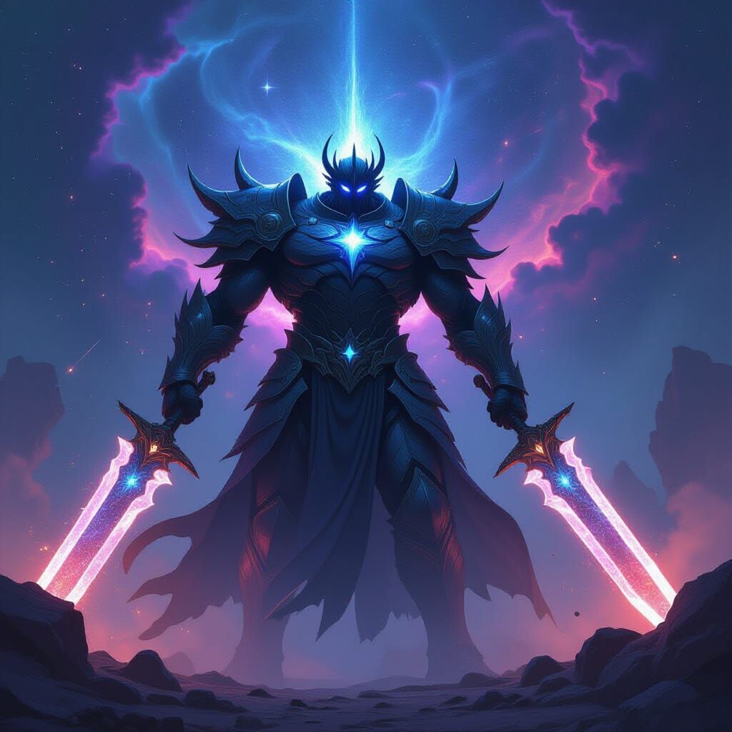 Cosmic Titan Wielding Galaxy Swords in Dark Fantasy Style