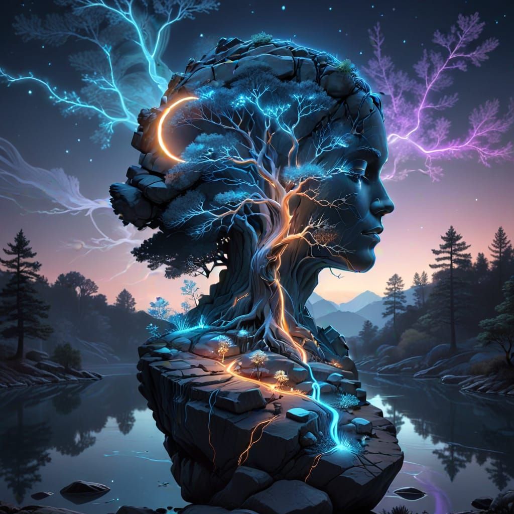 Minimalist Neon Sketch of Moonlit Landscape