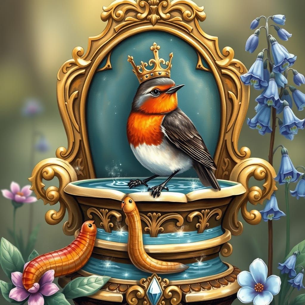 Regal Robin on Birdbath Throne in Ornate Garden
