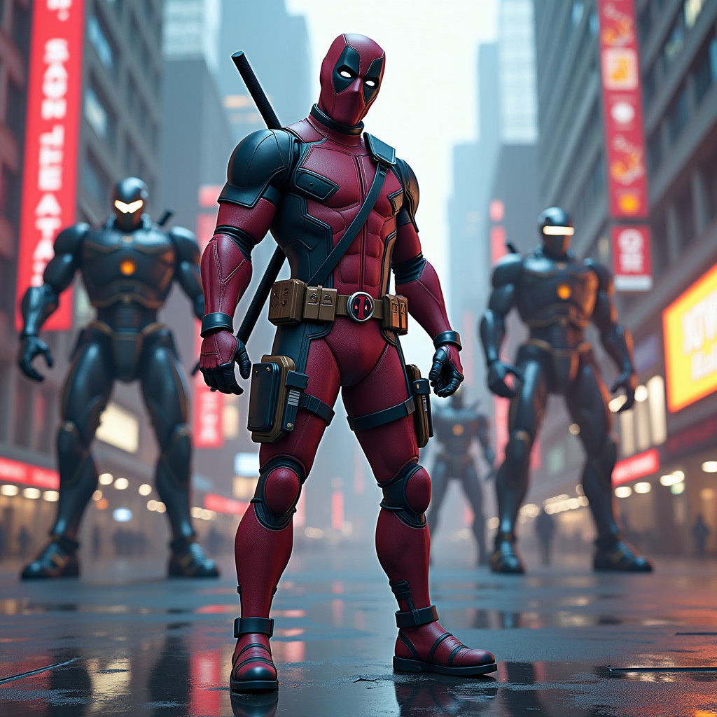 Deadpool in Cyberpunk Cityscape, Epic Sci-Fi Art