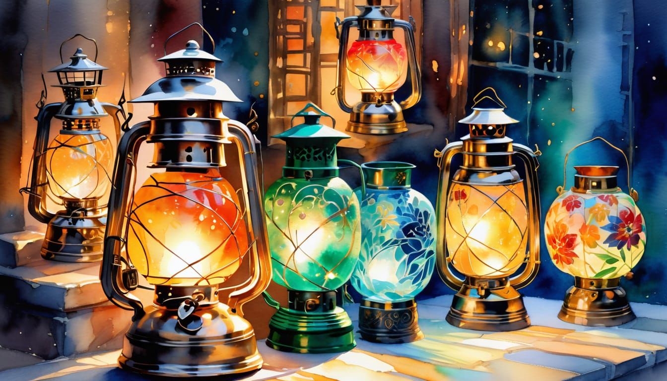 Watercolor Lantern Shop with Glowing Lights