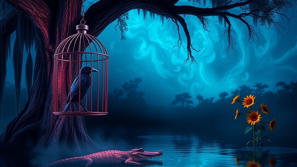 Ghostly Crow in Iron Cage Under Electric Midnight Sky