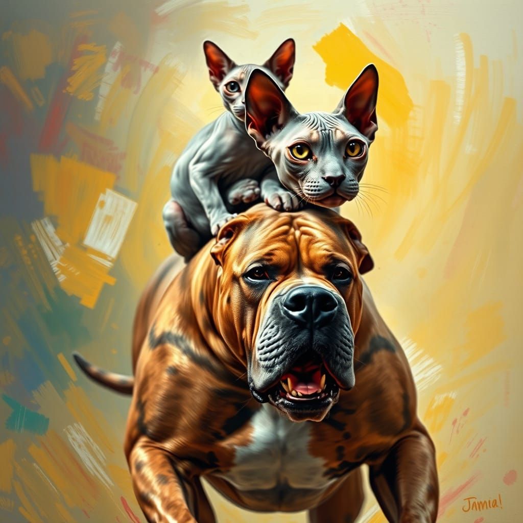 Regal Bull Mastiff Carries Majestic Sphynx in Dynamic, Expre...
