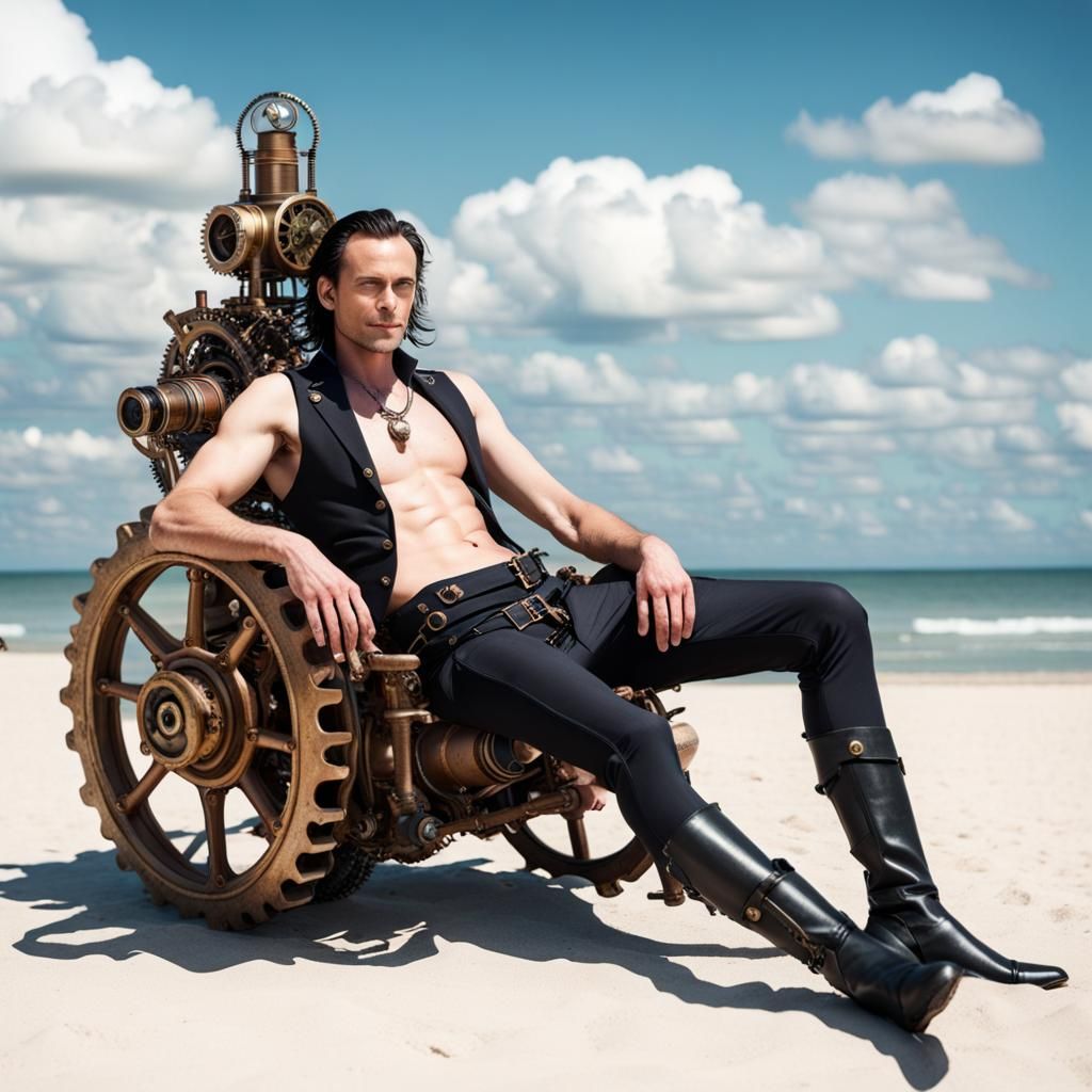 Loki on the Beach with Steampunk Engine