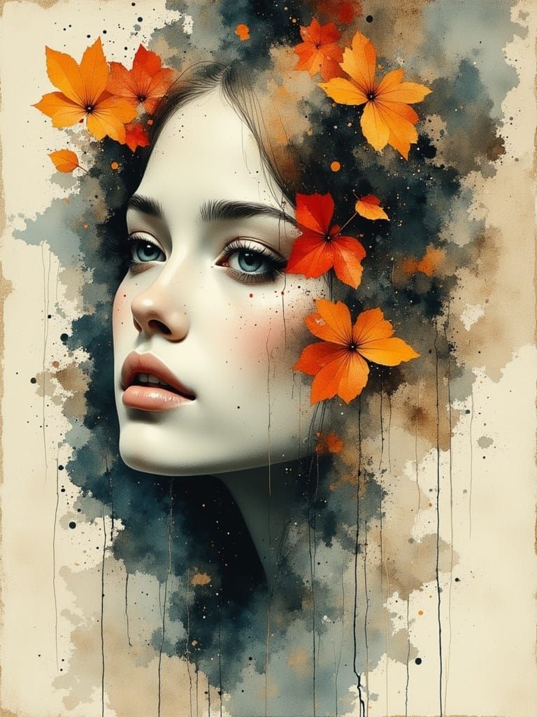 Gritty Grunge Watercolor Portrait with Soft Natural Tones