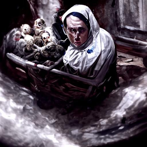 Horrific Midwife Scene in Dark Engraving Style