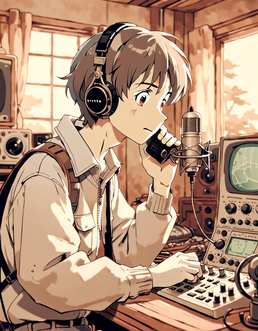 Vintage Sepia Portrait of Radio Enthusiast in Anime Style