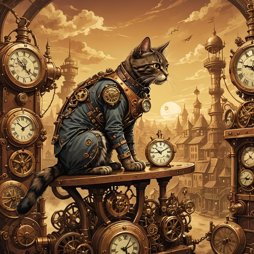 Steampunk Cat Operates Clockwork Mechanism
