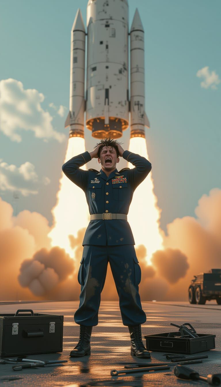 A caricature of a Military man with disheveled hair standing at the bottom of rocket ship that is about to take off, ne...