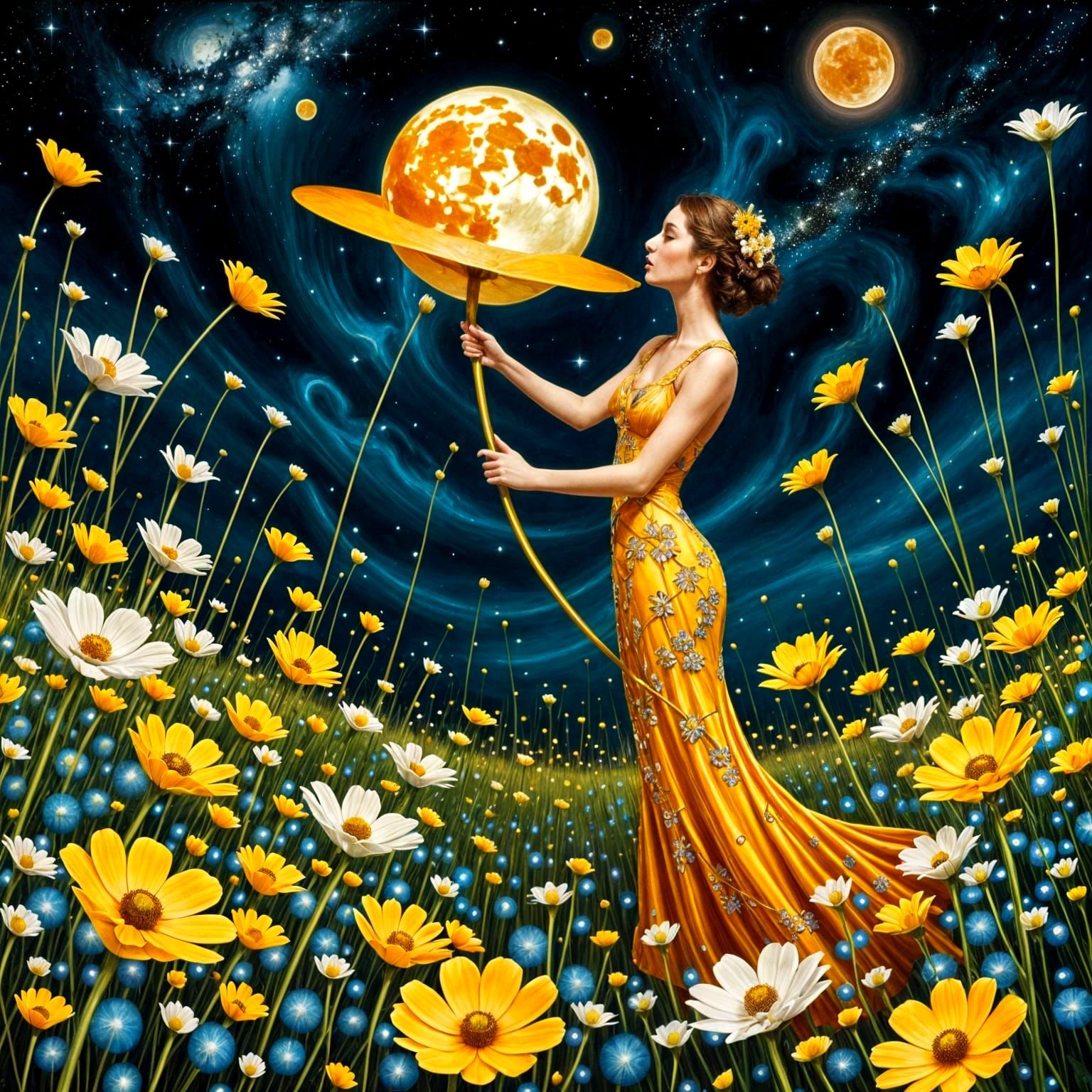 A Dreamlike Kiss Under Starry Skies in an Art Nouveau-Inspir...