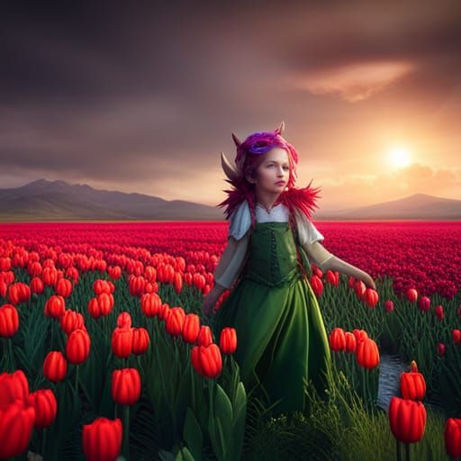 Toddler in Tulip Costume in a Tulip Field