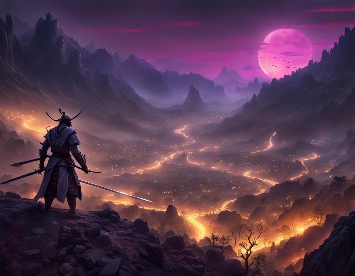 Samurai Army Battles Undead in Moonlit Valley