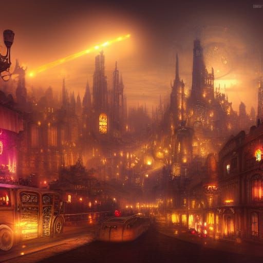 Steampunk City at Night with Flying Cars